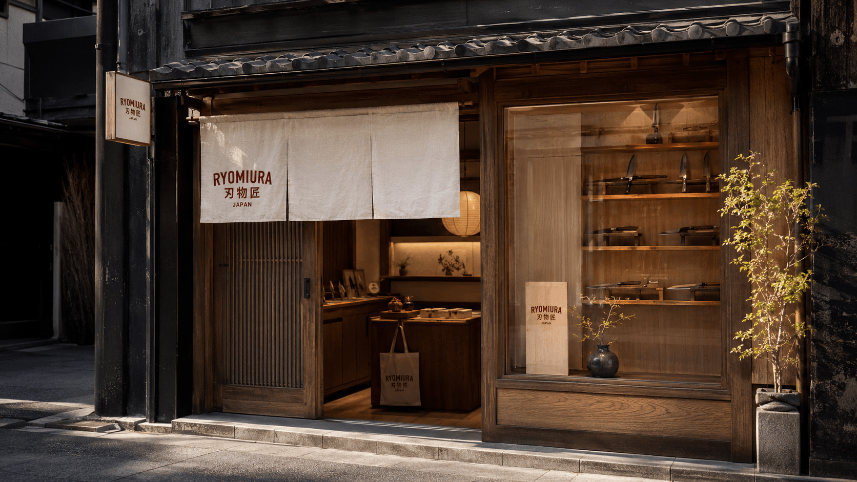Fachada editorial de Ryo Miura Japan con cuchillos japoneses expuestos en tienda
