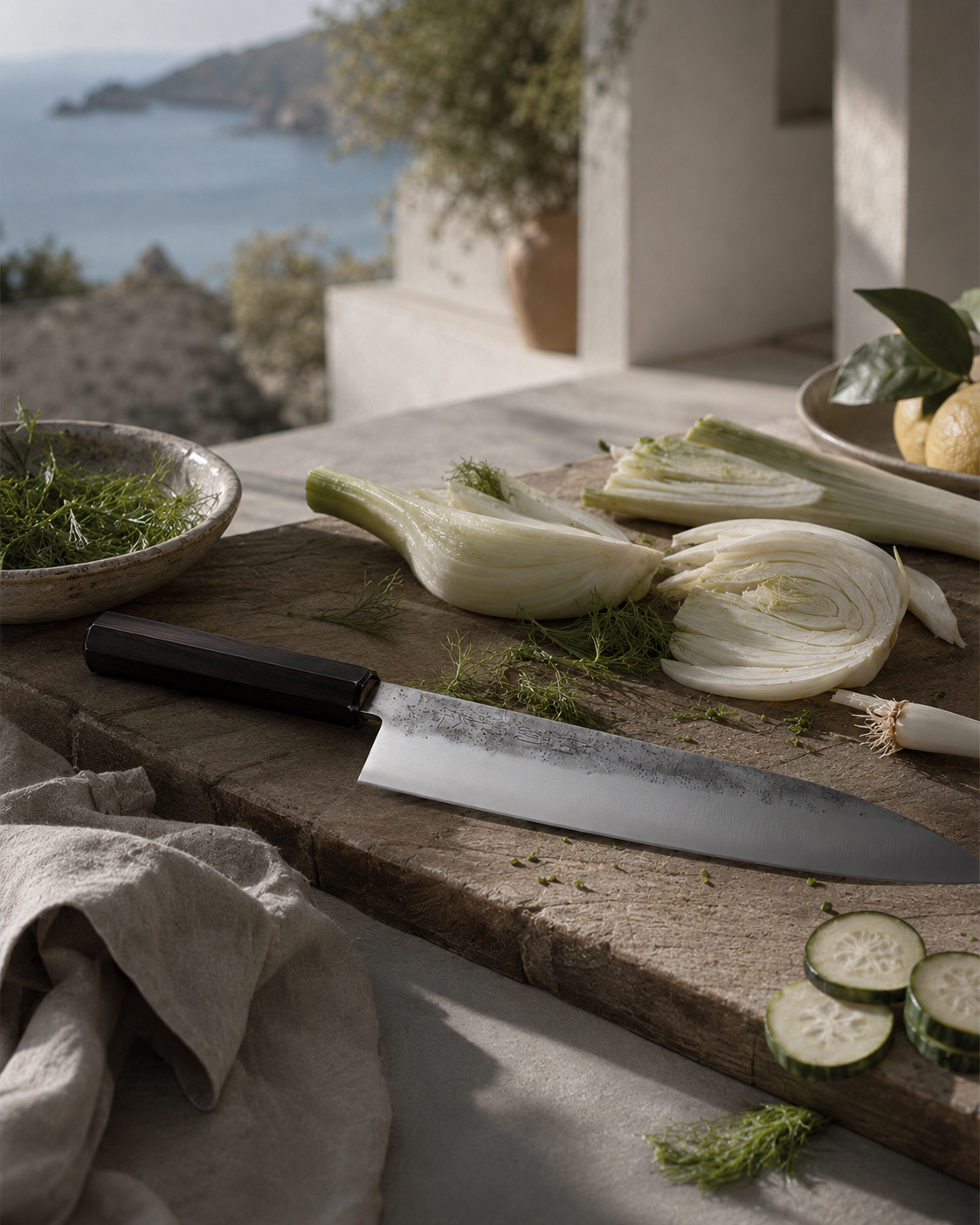 Cuchillo Gyuto 21 cm Ebano en una escena minimalista de cocina de verano