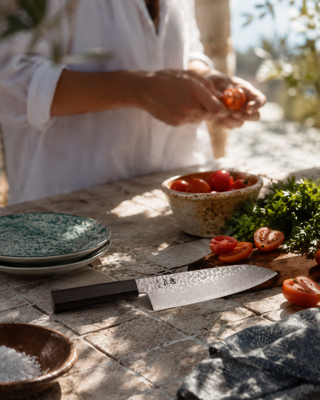 Cuchillo japones Gyuto Hayabusa VG10 Damasco Ebano 21 cm en escena de cocina mediterránea