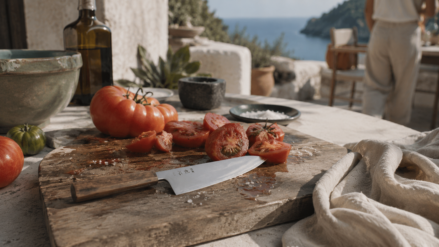 Cuchillo japones Gyuto Hikari SLD Satin 21 cm en una escena mediterránea de Ibiza Kitchen Light