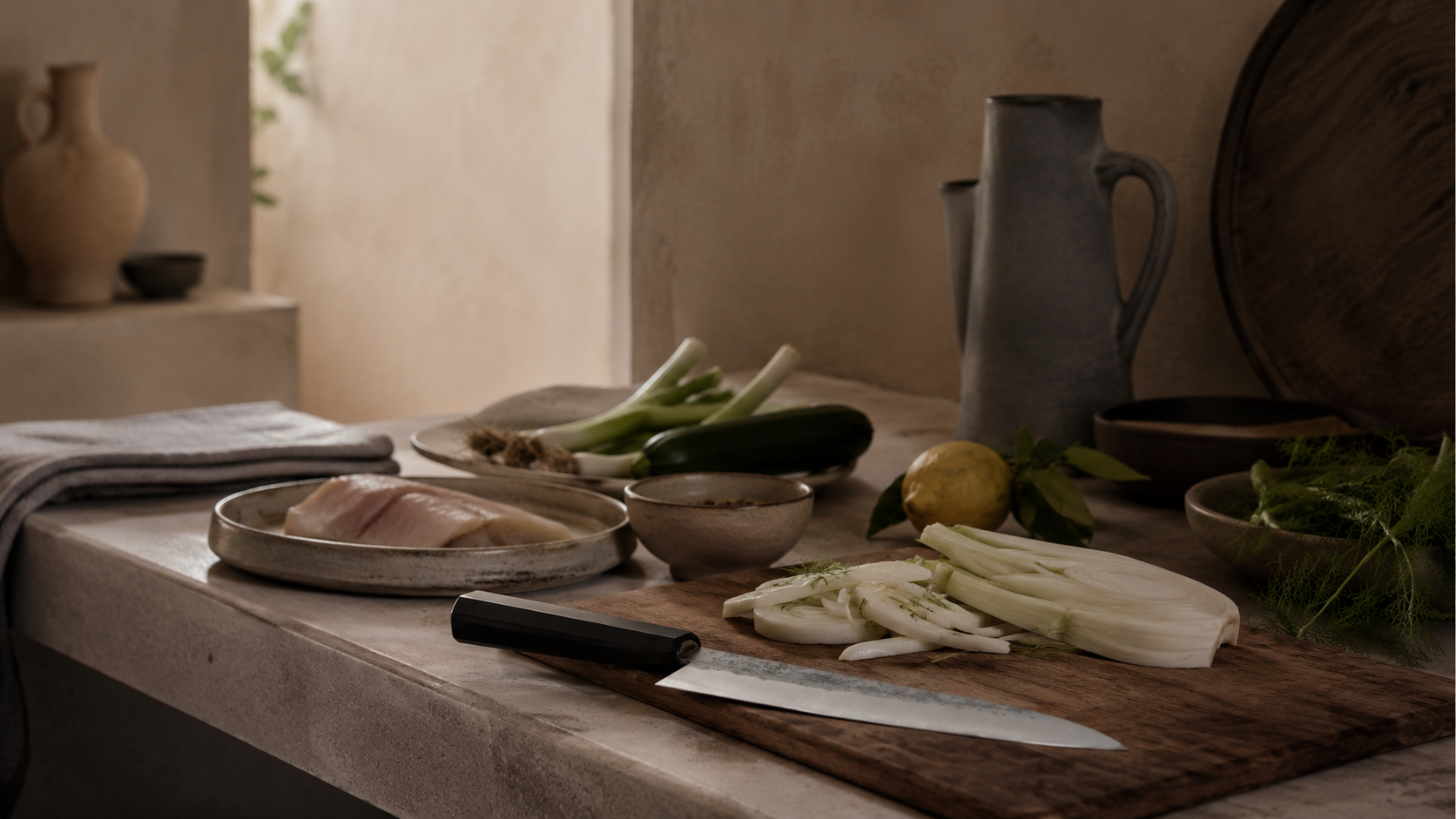 Colección de verano Ibiza Kitchen Light de Ryo Miura Japan con cuchillos japoneses en una cocina mediterránea luminosa