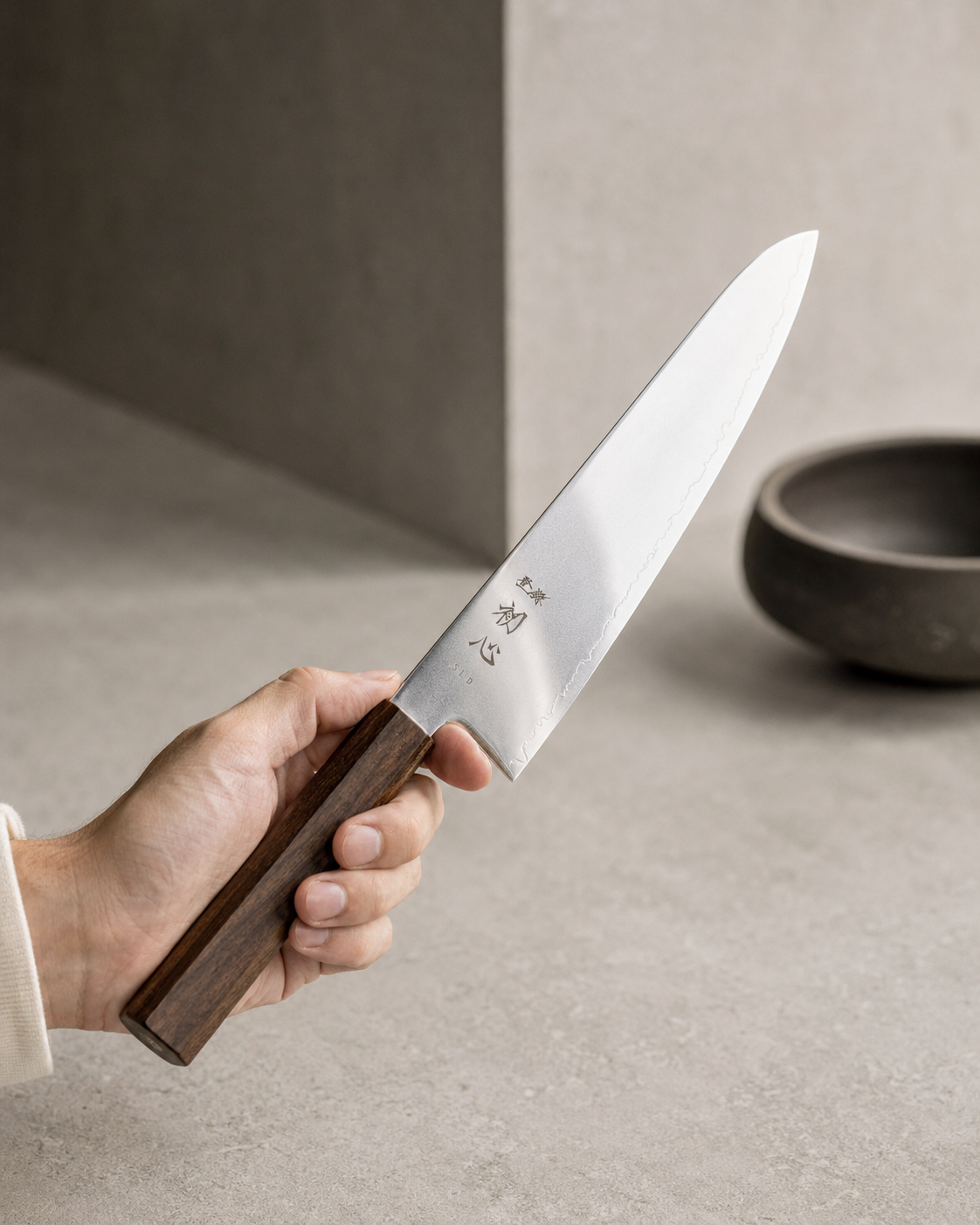 Cuchillo Gyuto Hikari SLD Satin sostenido en mano para mostrar escala