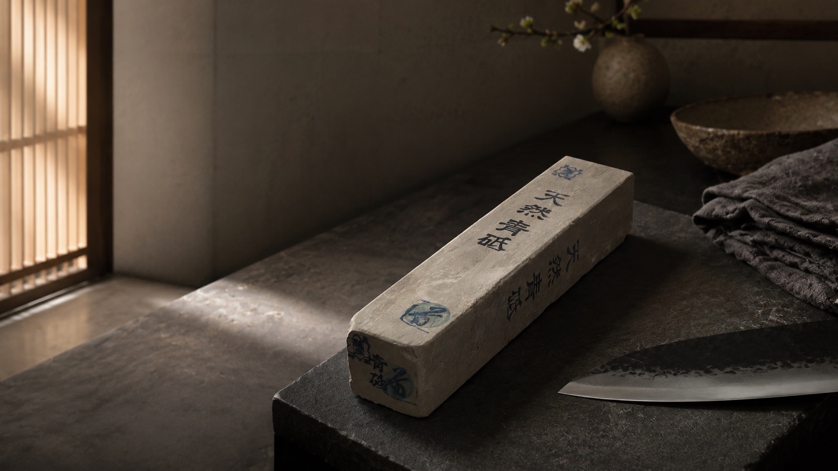 Piedra natural japonesa de afilar sobre cocina minimalista con luz cálida y cuchillo japonés