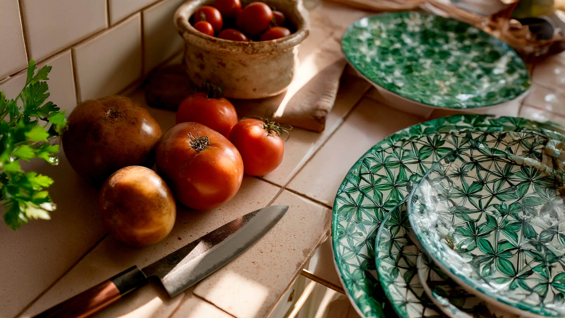 Escena editorial Ibiza Kitchen Light con cocina mediterránea y cuchillos japoneses